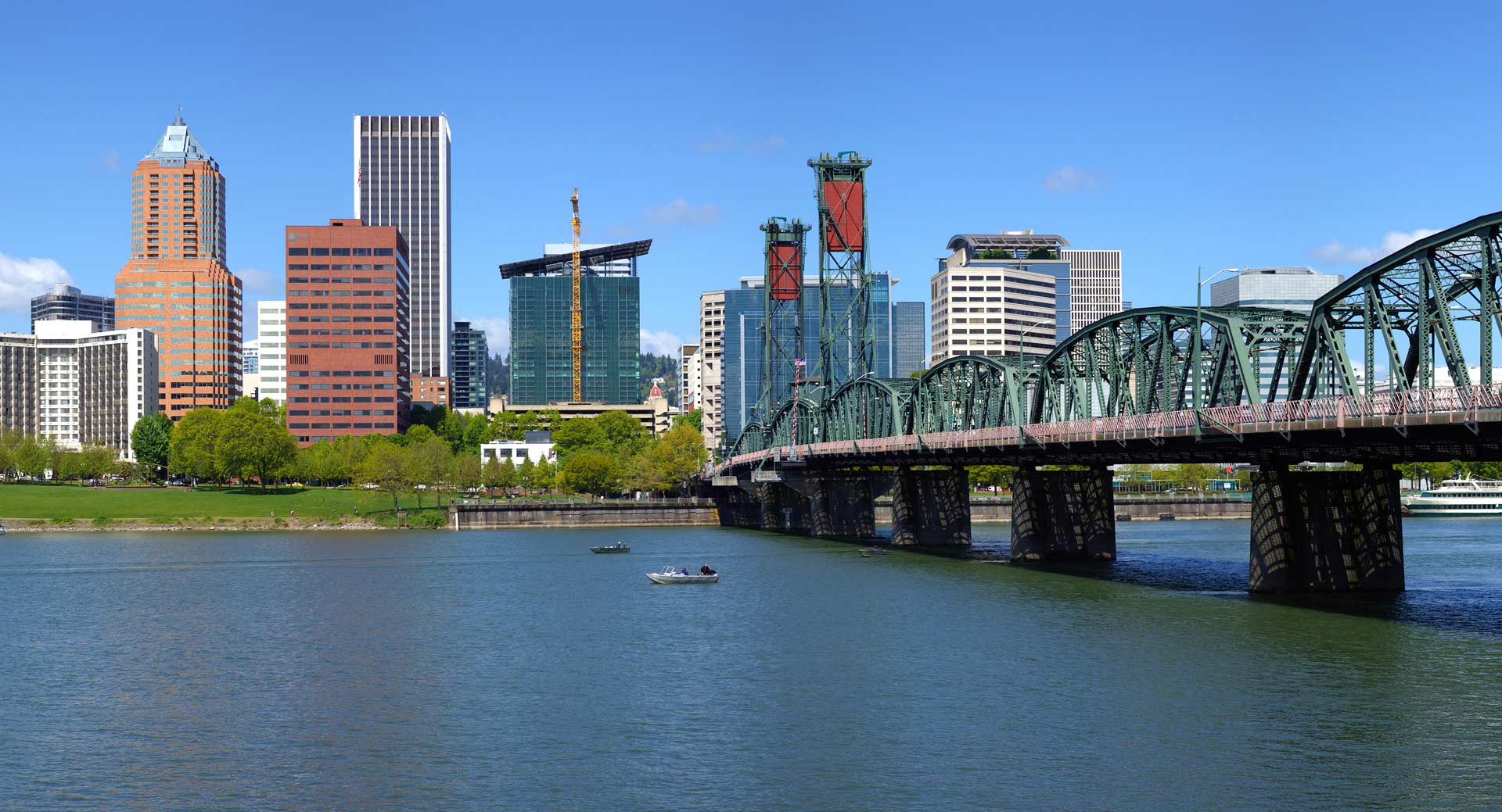 Portland skyline and Steel Bridge over the Willamette River