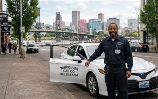 Smiling taxi driver beside white cab in downtown Portland - Vancouver WA Driving Jobs